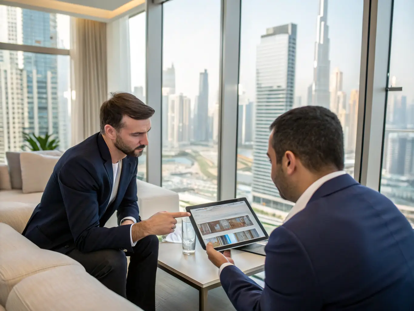 A professional real estate agent showing a client a property listing on a tablet, with Dubai skyline in the background, representing MAR Properties' property sales service.