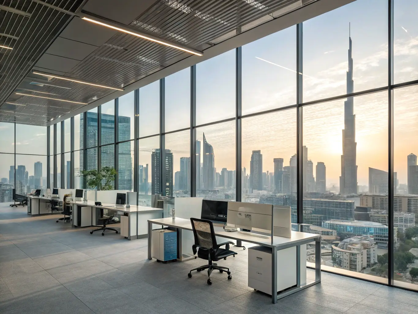 A contemporary office space in Business Bay, featuring open-plan layouts, modern furniture, and large windows. The image should represent a dynamic and collaborative work environment.