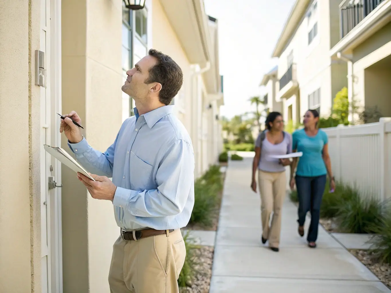 A property manager inspecting a building with maintenance staff, with a Dubai cityscape in the background, representing MAR Properties' property management service.