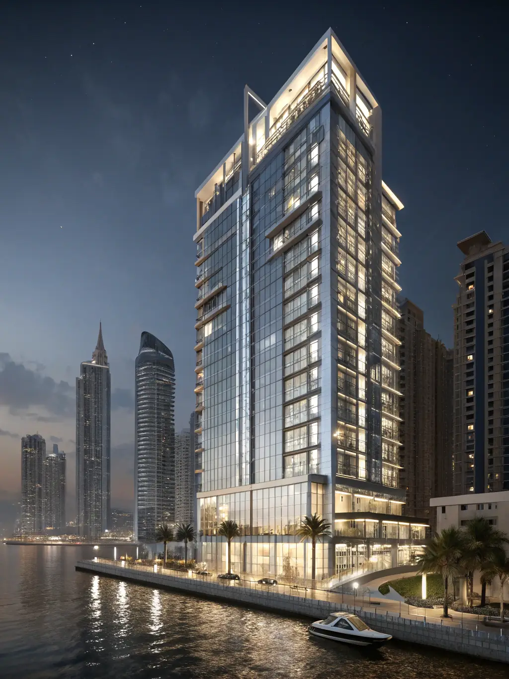 A modern, high-rise apartment building in Dubai's Marina district, showcasing a prime investment property with waterfront views.