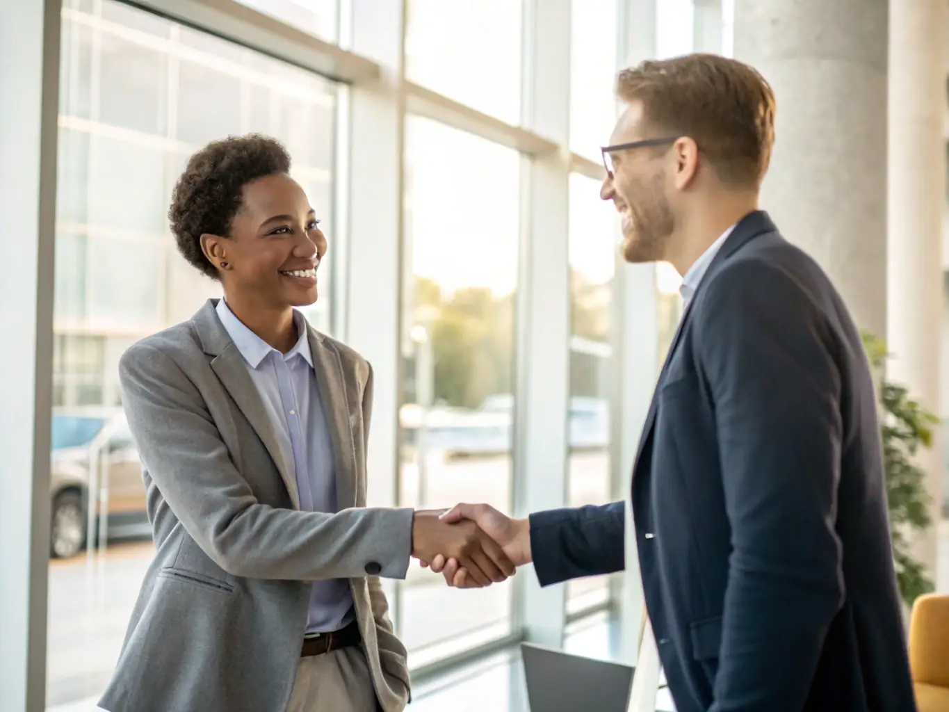 A satisfied client shaking hands with a MAR Properties agent in front of a newly acquired property, representing the company's reliable and trustworthy service.