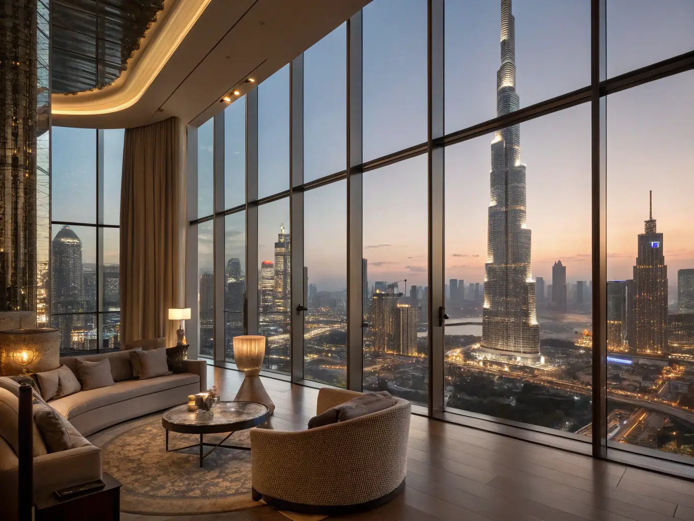 A modern, high-rise apartment building in Downtown Dubai, showcasing luxury apartments with floor-to-ceiling windows and a view of the Burj Khalifa. The image should convey a sense of upscale urban living.