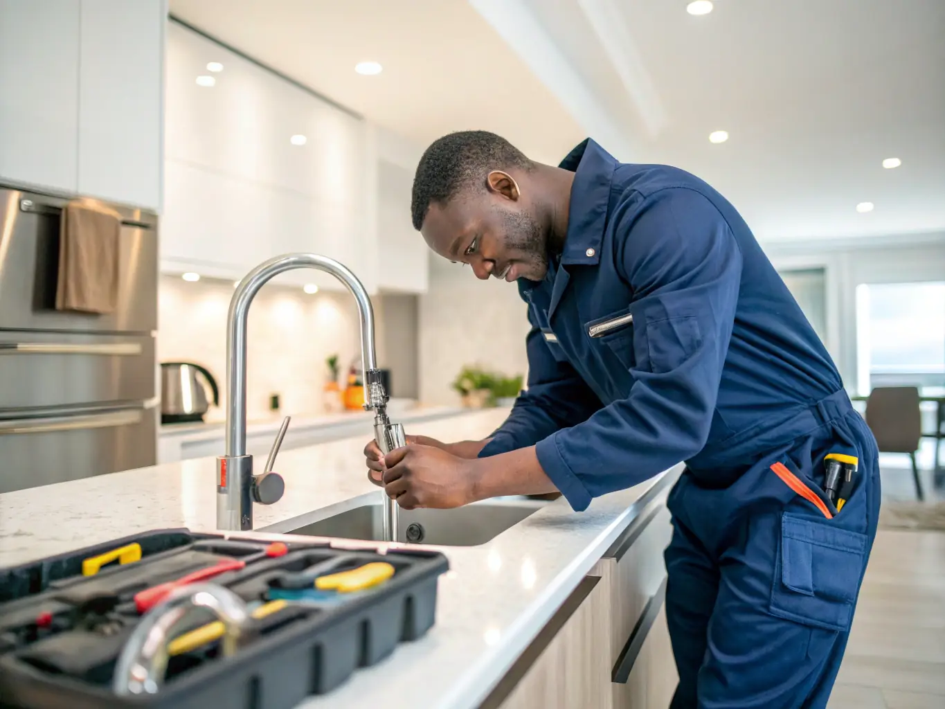 A property maintenance team addressing a repair issue in a well-maintained apartment, highlighting MAR Properties' commitment to preserving property value and tenant satisfaction.